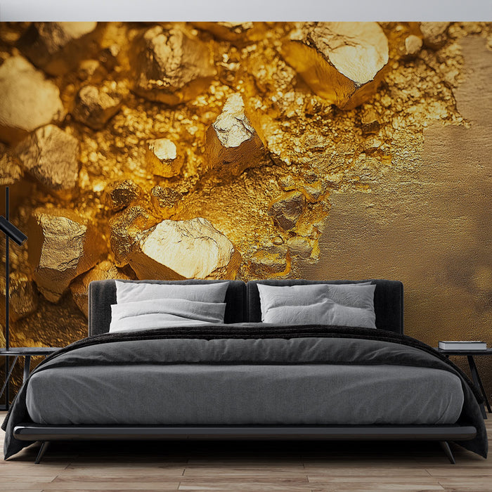Papier peint doré avec motifs de roches et textures élégantes pour chambre moderne.