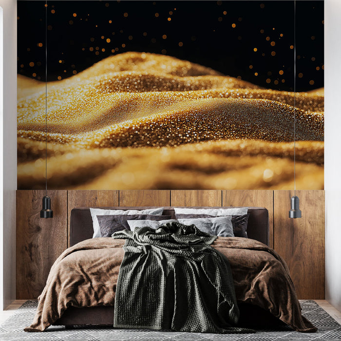 Papier peint doré scintillant avec texture de paillettes brillantes sur fond noir pour chambre moderne.