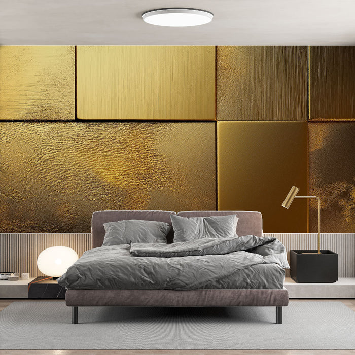 Papier peint doré avec textures géométriques aux reflets métalliques pour chambre moderne