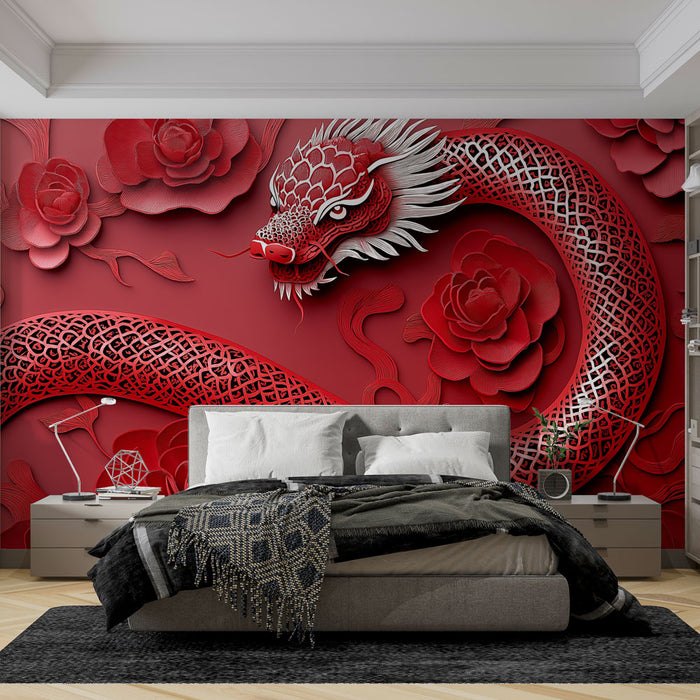 Papier peint dragon chinois | Élégant motif en relief avec dragon et fleurs rouges