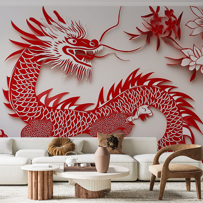 Papier peint élégant avec motif de dragon rouge et fleurs en papier découpé pour salon moderne