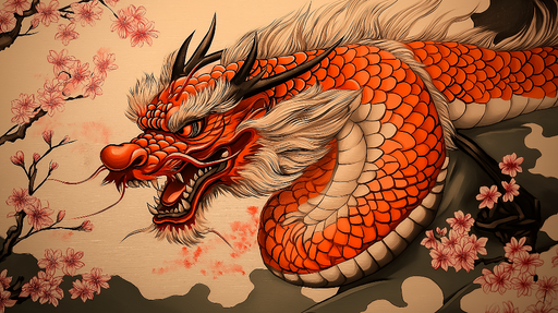 Papier peint dragon japonais Fleurs de cerisier