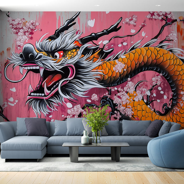 Papier peint dragon japonais style street art pour salon moderne et audacieux