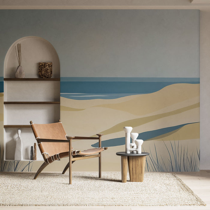 Papier peint paysage minimaliste avec dunes de sable et mer pour salon moderne
