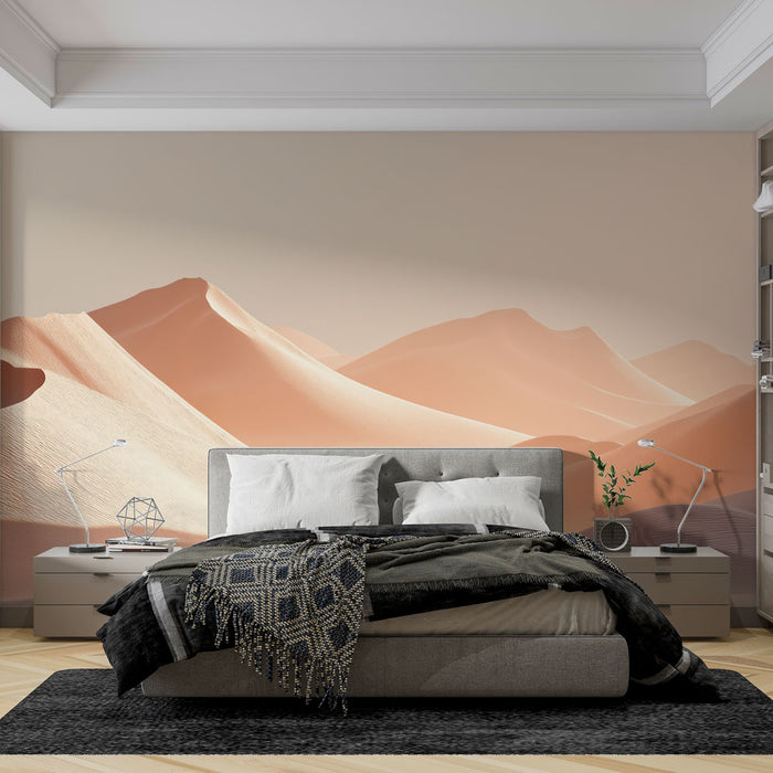 Une chambre moderne avec un papier peint représentant des dunes de sable aux teintes douces et chaudes, créant une atmosphère apaisante et naturelle.