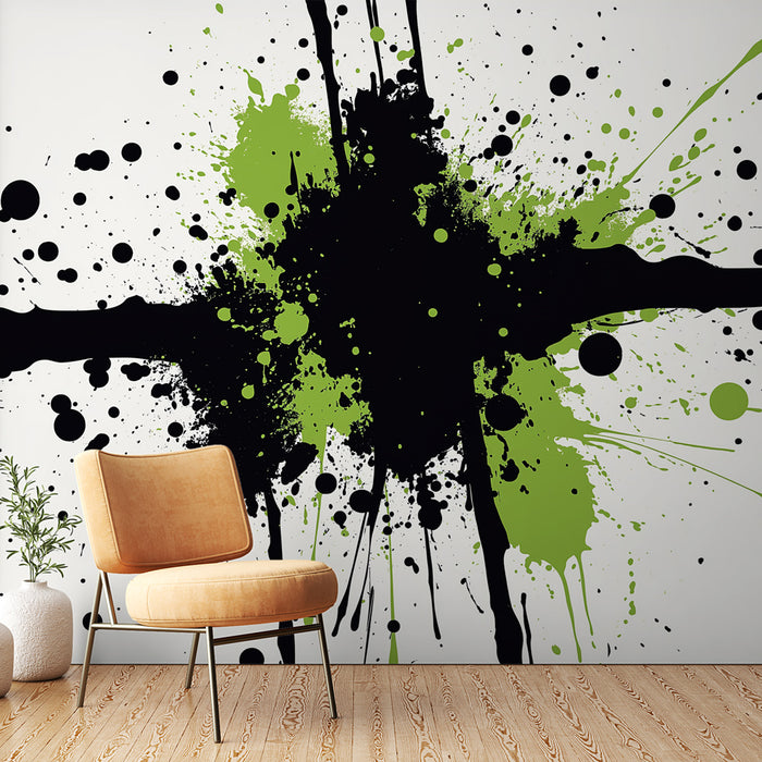 Papier peint éclaboussures | Un design dynamique de taches noire et verte sur fond blanc