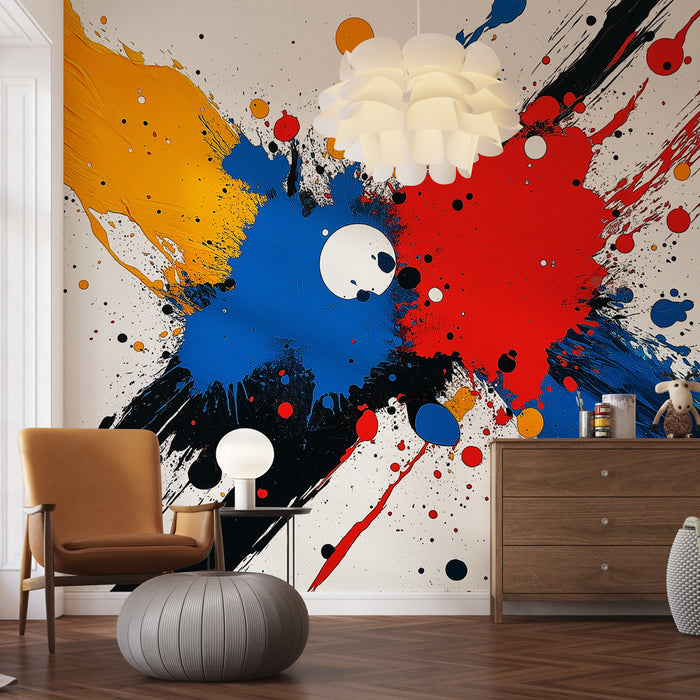 Une pièce moderne avec un papier peint artistique aux éclaboussures de couleurs vives, créant une ambiance dynamique et créative.