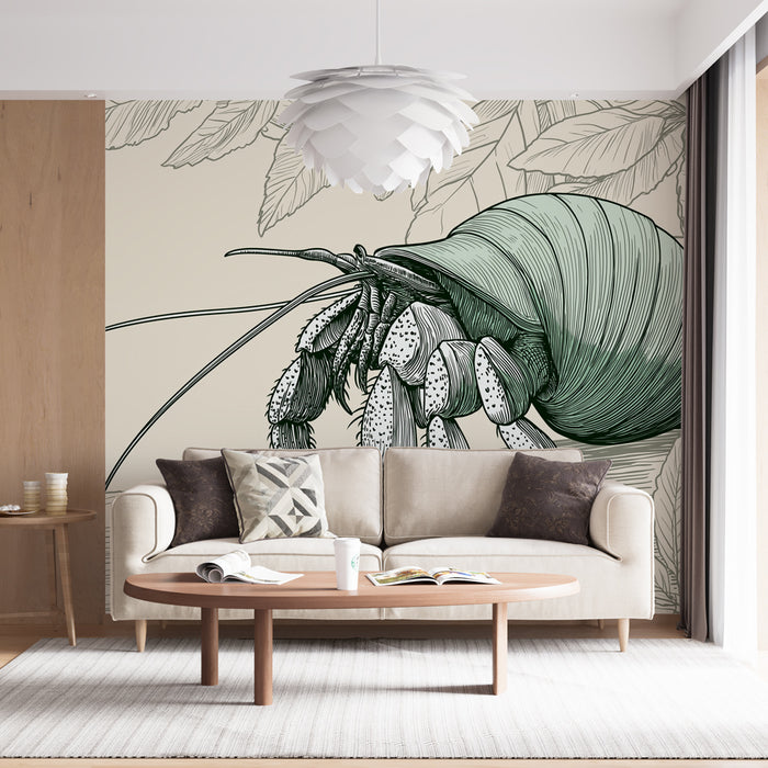 Un salon moderne avec un papier peint représentant un crustacé stylisé en vert sur fond beige, créant une ambiance artistique et originale.