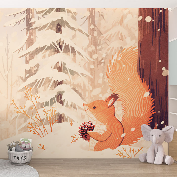 Papier peint écureuil | Pomme de pin et neige