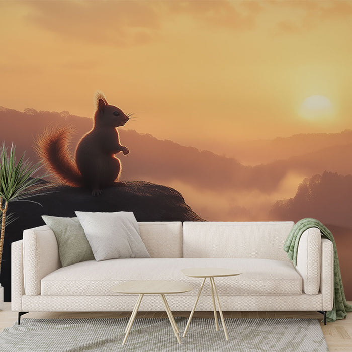 Papier peint écureuil au coucher de soleil | Un écureuil contemplatif avec un paysage brumeux et un coucher de soleil doré