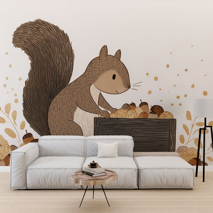 Un salon moderne avec un papier peint illustrant un écureuil mignon entouré de glands et de motifs dorés, créant une ambiance chaleureuse et ludique.