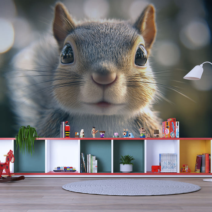 Une salle de jeux moderne avec un papier peint représentant un écureuil souriant, créant une atmosphère ludique et chaleureuse.