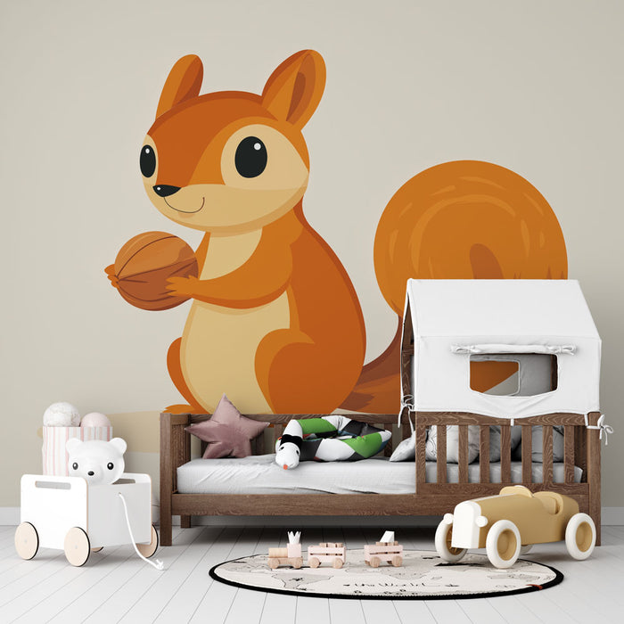 Une chambre d'enfant avec un papier peint illustrant un écureuil souriant tenant une noisette, créant une ambiance ludique et chaleureuse.