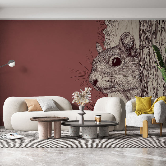 Un salon contemporain avec un papier peint illustrant un écureuil en ligne claire sur fond rouge, créant une ambiance artistique et chaleureuse.