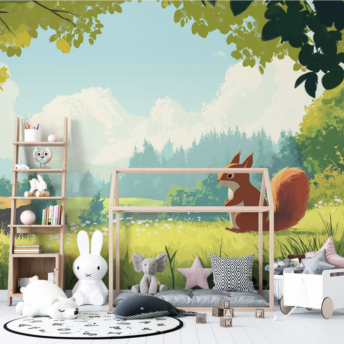 Papier peint écureuil | Un paysage enchanteur avec un écureuil mignon dans une prairie ensoleillée