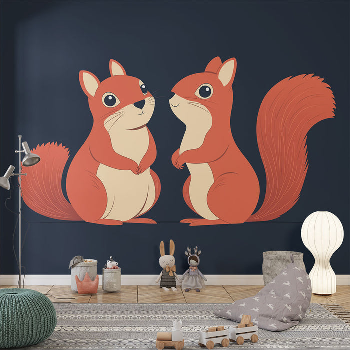 Papier peint écureuils | Deux adorables écureuils illustrés sur fond sombre