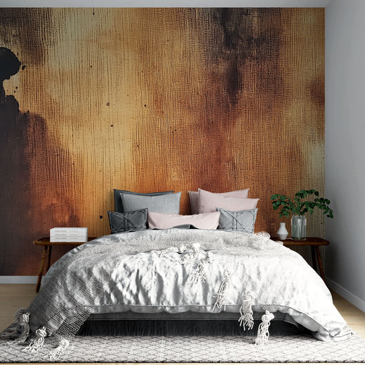 Papier peint effet aquarelle avec motifs abstraits en tons chauds et textures en bois pour chambre moderne