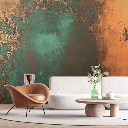 Papier peint design effet métallique en vert émeraude et or pour salon moderne.