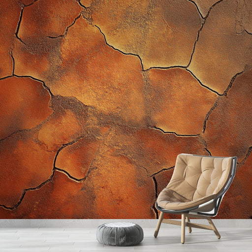 Papier peint effet terre cuite avec motif craquelé aux teintes chaudes pour salon moderne.