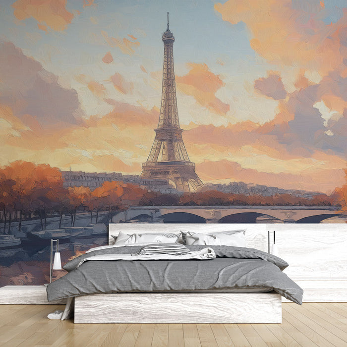 Papier peint artistique coucher de soleil sur la Tour Eiffel pour chambre moderne