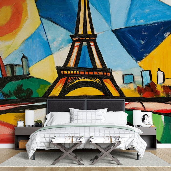 Papier peint coloré avec illustration de la Tour Eiffel et paysages parisiens pour chambre moderne
