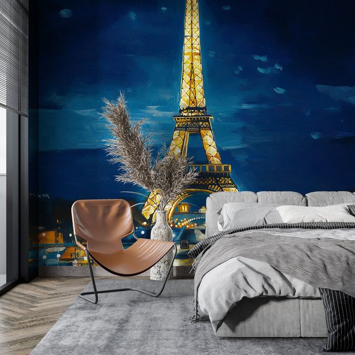 Papier peint tour Eiffel illuminée au crépuscule pour chambre moderne et élégante