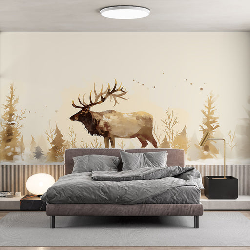 Une chambre moderne avec un papier peint représentant un majestueux élan dans un paysage forestier aux teintes chaudes et douces, créant une atmosphère apaisante et naturelle.