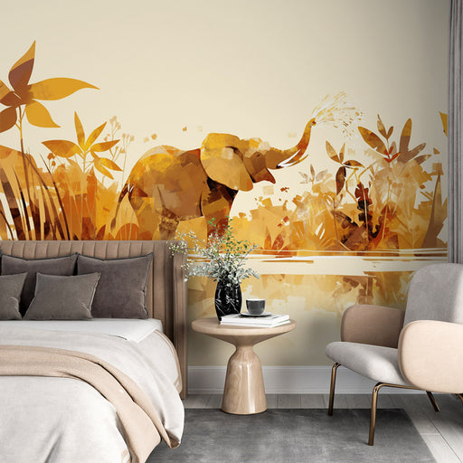 Une chambre moderne avec un papier peint représentant un éléphant stylisé dans des teintes chaudes de jaune et orange, évoquant une ambiance chaleureuse et artistique.