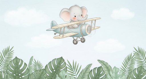 Papier peint éléphant aviateur Élégant motif d'éléphant volant dans un avion aux couleurs douces