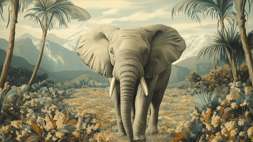 Papier peint éléphant Élégant éléphant au milieu d'une nature luxuriante