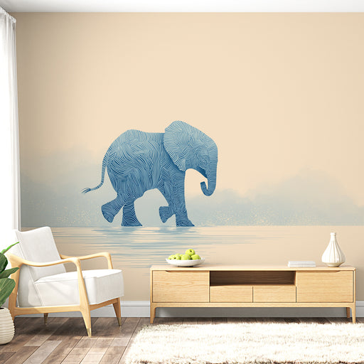 Un salon moderne avec un papier peint représentant un éléphant stylisé en bleu sur fond beige, créant une ambiance apaisante et artistique.