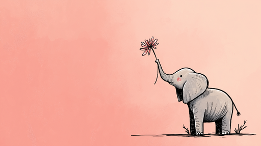 Papier peint éléphant Élégant éléphant caricatural tenant une fleur sur fond rose