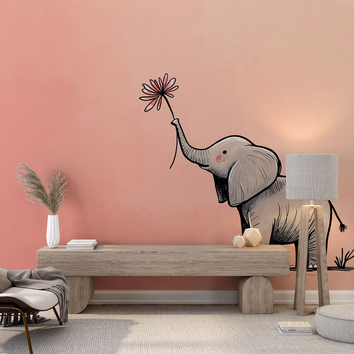 Une chambre moderne avec un papier peint mural représentant un éléphant dessiné tenant une fleur sur un fond dégradé rose, créant une ambiance ludique et douce.