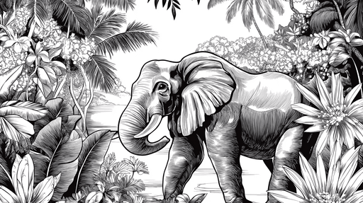 Papier peint éléphant Élégant éléphant dans une jungle luxuriante en noir et blanc