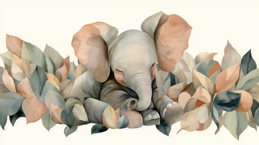 Papier peint éléphant Élégant éléphant endormi entouré de feuilles douces
