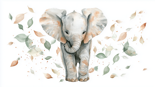 Papier peint éléphant Élégant éléphant entouré de feuilles colorées