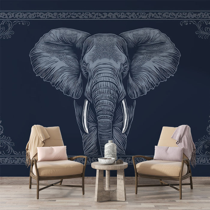 Papier peint éléphant | Élégant éléphant graphique sur fond bleu nuit