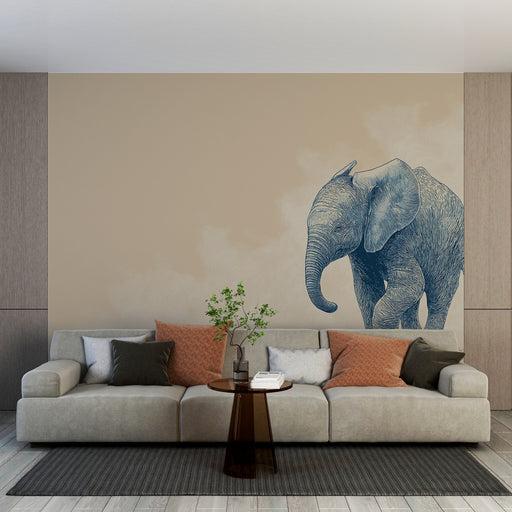 Un salon contemporain avec un papier peint représentant un éléphant stylisé en bleu sur fond beige, créant une ambiance artistique et apaisante.
