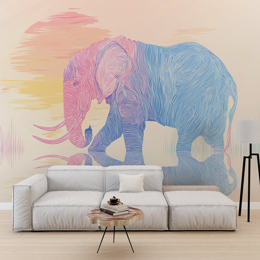Un salon moderne avec un papier peint artistique représentant un éléphant stylisé en dégradé de rose et bleu sur fond pastel, créant une atmosphère douce et apaisante.