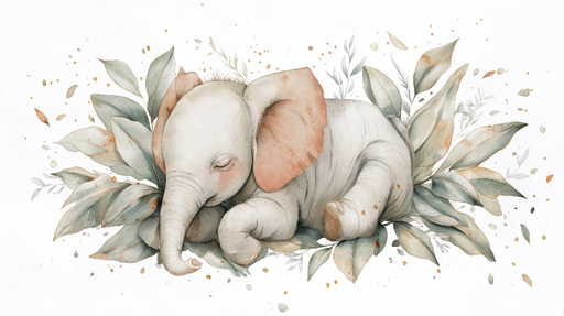 Papier peint éléphant endormi Doux éléphant sur un lit de feuilles élégantes