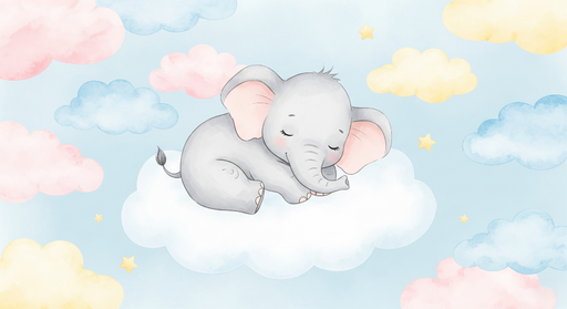 Papier peint éléphant endormi Éléphant mignon sur un nuage parmi des étoiles et des nuages colorés