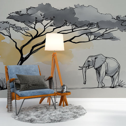 Une pièce moderne avec un papier peint illustrant un éléphant et un arbre stylisé en noir et gris, créant une ambiance artistique et apaisante.