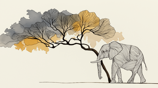 Papier peint éléphant et arbres Élégante illustration linéaire d'un éléphant sous un arbre stylisé