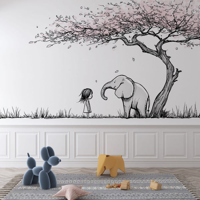 Une chambre d'enfant avec un papier peint illustratif représentant un éléphant et une fillette sous un arbre, dégageant une atmosphère douce et imaginative.