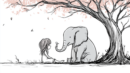 Papier peint éléphant et enfant Une scène douce entre un enfant et un éléphant sous un arbre