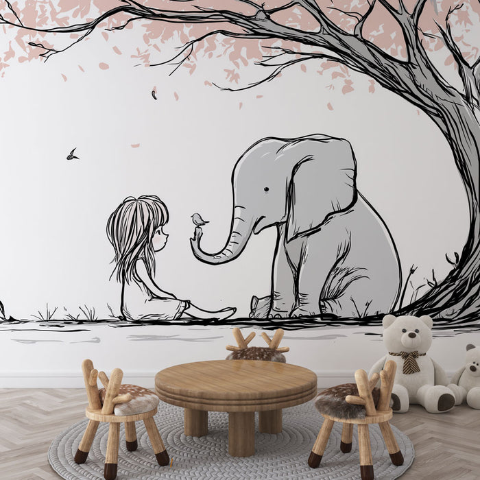 Une chambre d'enfant avec un papier peint illustratif représentant une fillette et un éléphant, créant une atmosphère douce et imaginative.