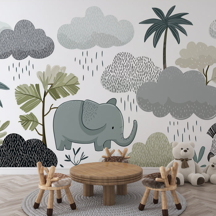 Une chambre d'enfant avec un papier peint illustratif représentant un éléphant gris et des nuages stylisés, créant une ambiance ludique et apaisante.