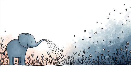 Papier peint éléphant féerique Un éléphant bleu arrosant des fleurs sous un ciel étoilé