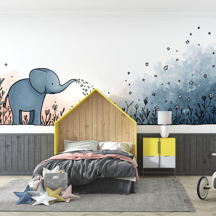 Une chambre enfantine avec un papier peint illustrant un éléphant bleu arrosant des fleurs, créant une atmosphère ludique et douce.