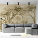 Un salon moderne avec un papier peint représentant une forêt en nuances de beige, créant une atmosphère apaisante et naturelle.